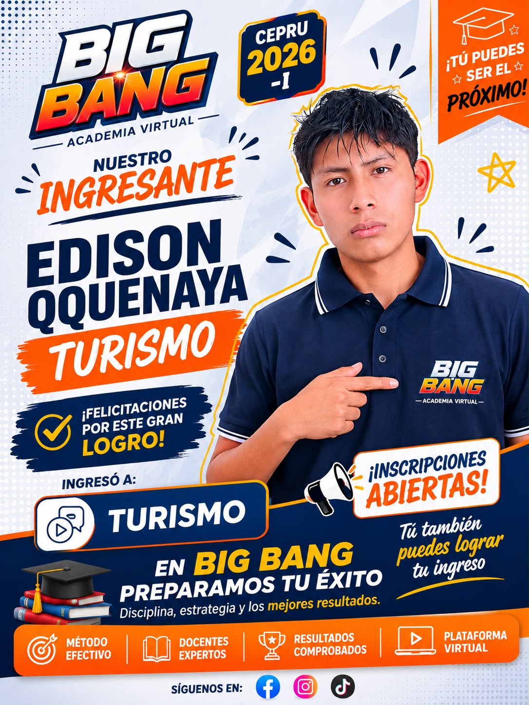Afiche de Edison Qquenaya, ingresante a Turismo