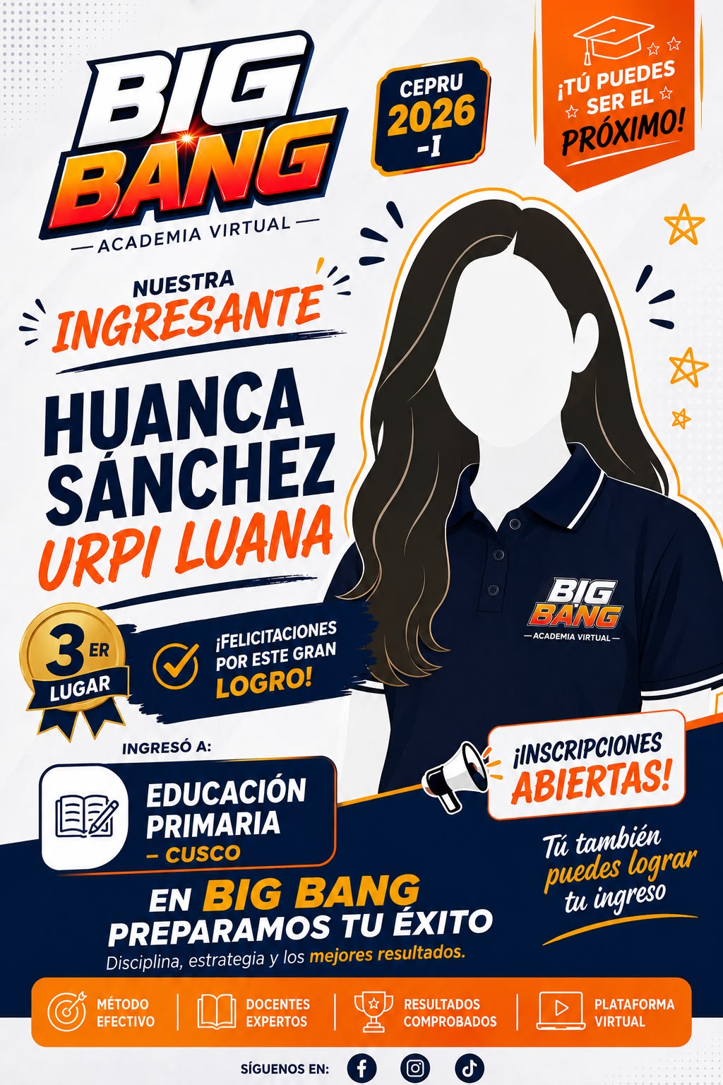 Afiche de Urpi Luana Huanca Sánchez, ingresante a Educación Primaria — Cusco